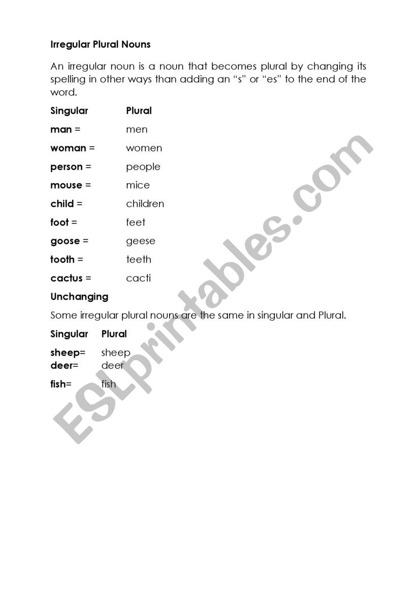 Irregular plurals - ESL worksheet by ludoxa