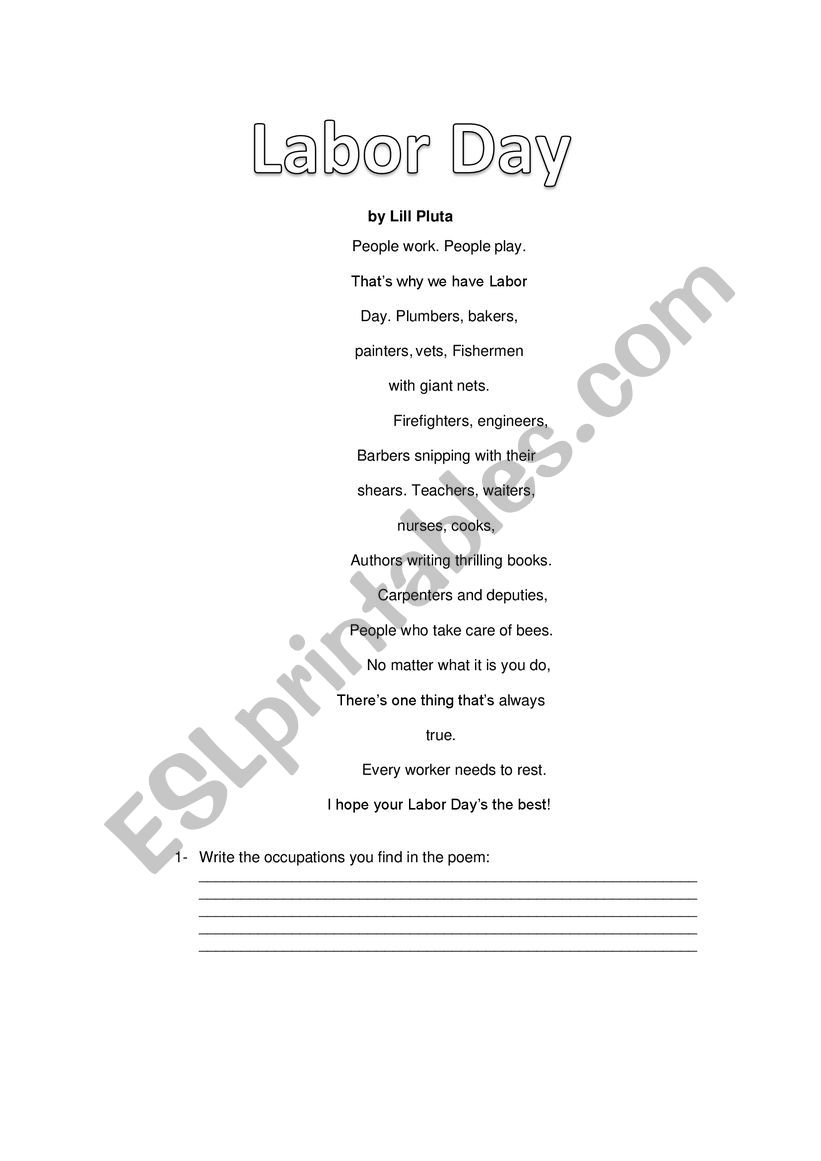 Free Printable Esl Worksheet About Labor Day