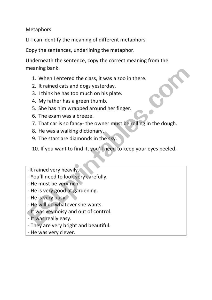 Metaphors worksheet