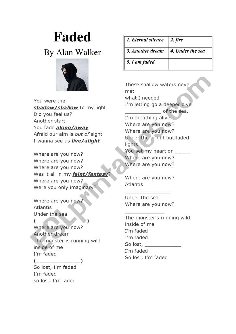 Faded-Alan Walker worksheet