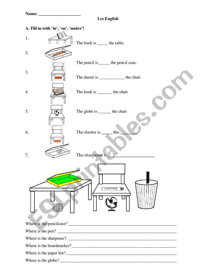 prepositions on in under worksheet