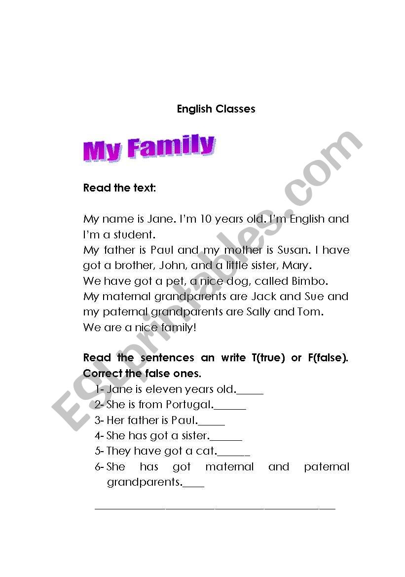 My family worksheet