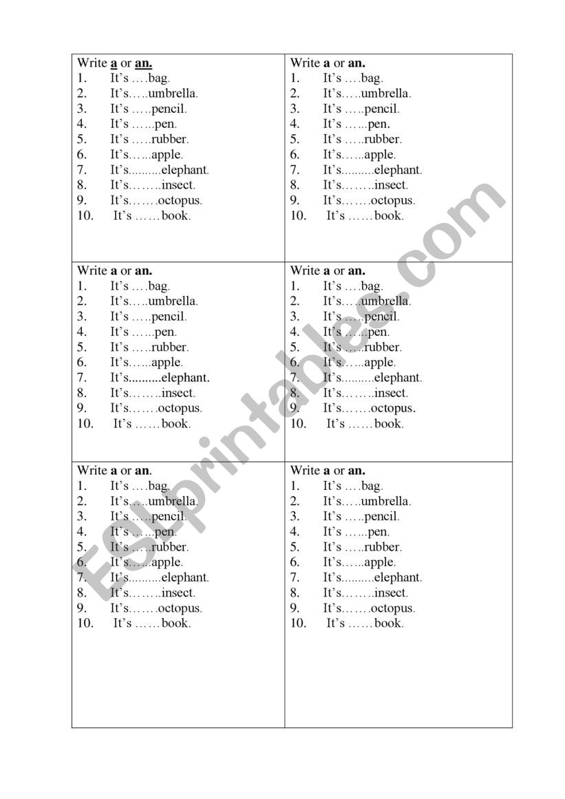 Articles a and an worksheet