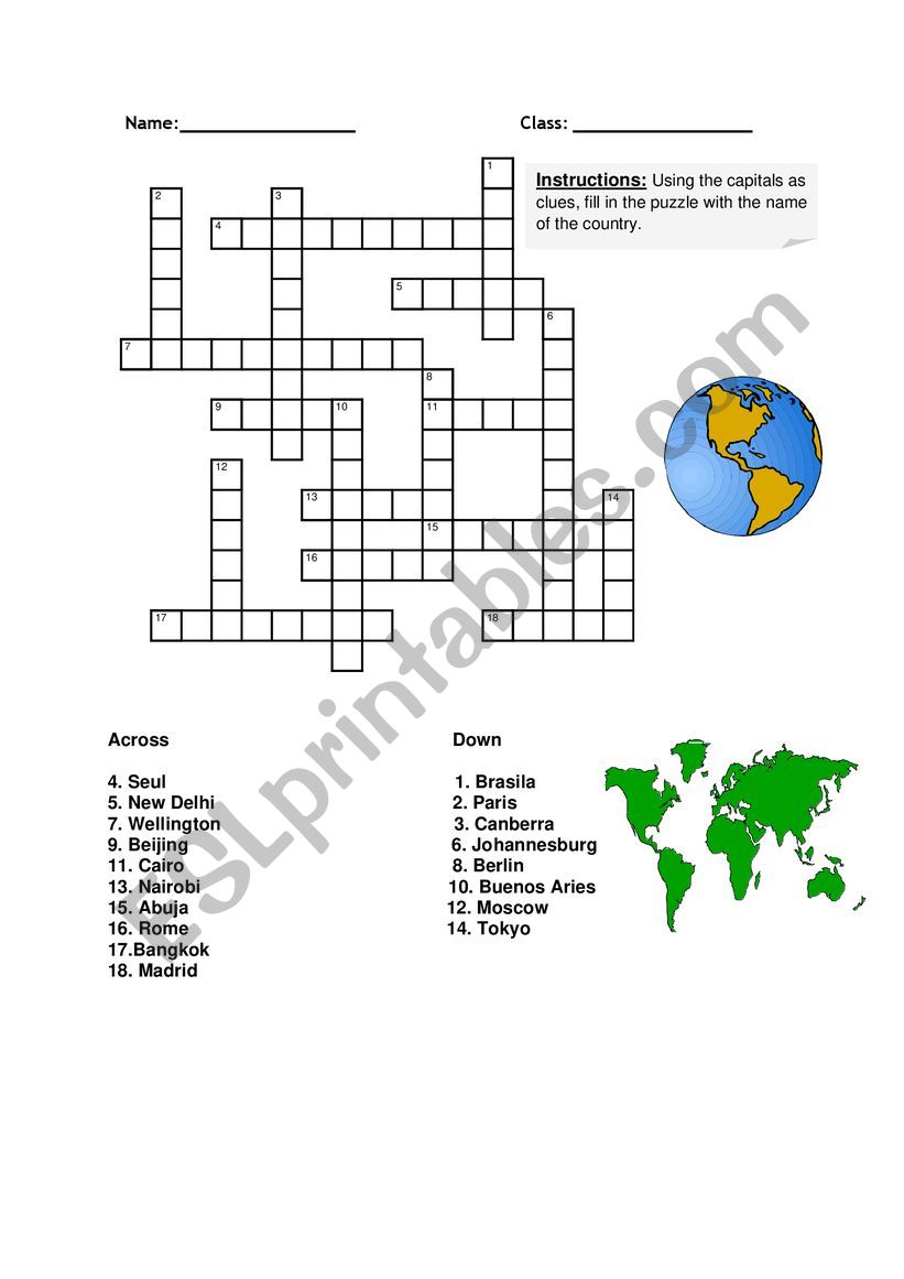 Countries and capitals crossword puzzle ESL worksheet by meryemm3