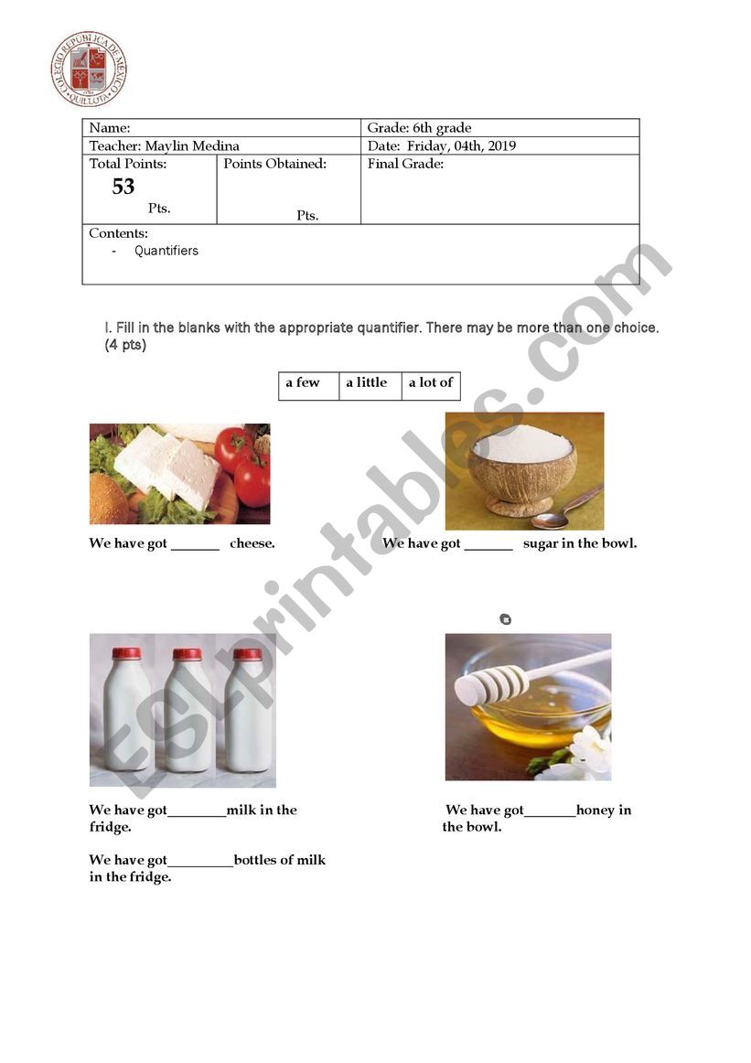 Quantifiers test worksheet