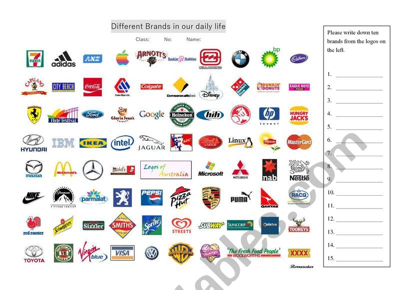 Brand names - ESL worksheet by hilarywei2011
