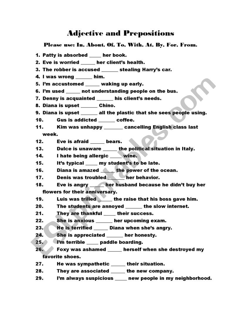 Adjectives and Prepositions  worksheet