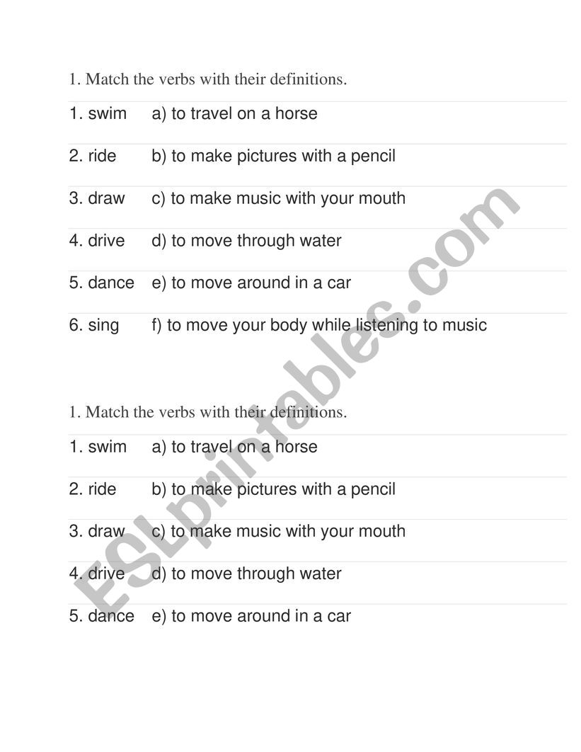 Match the meaning worksheet