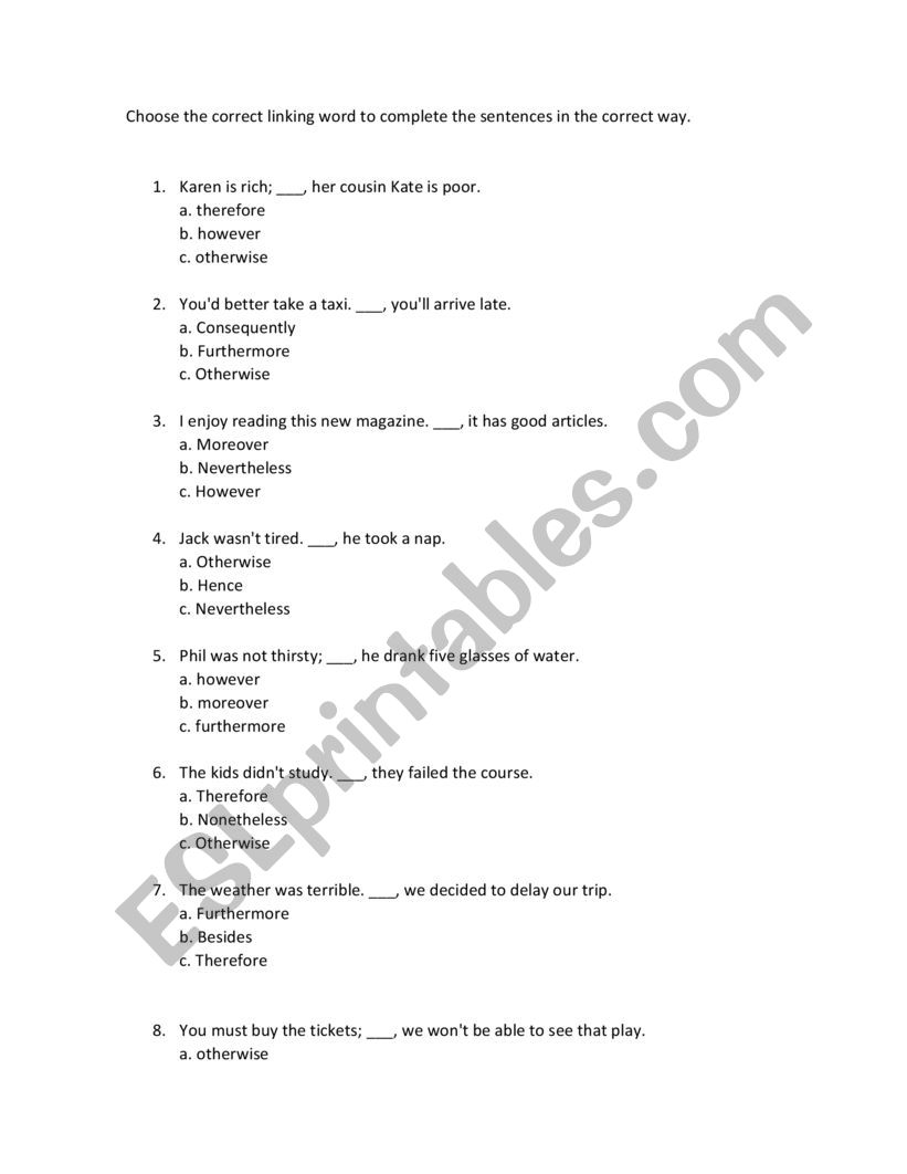 Linking words multiple choice worksheet