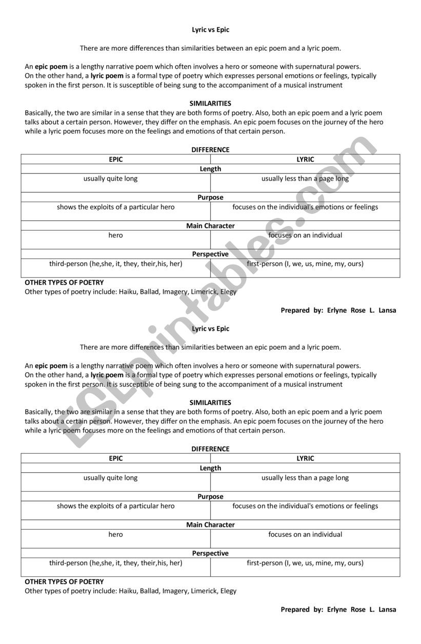 Lyric vs Epic worksheet