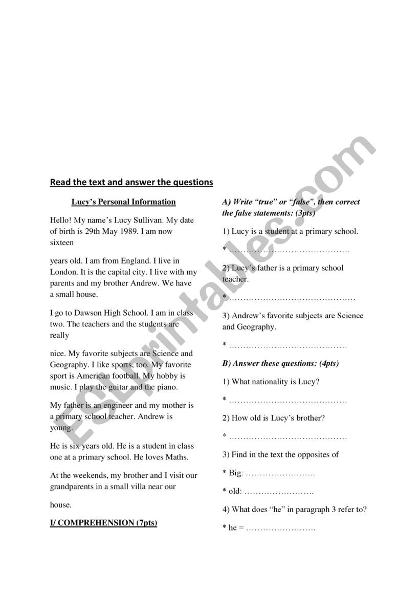 diagnostic test worksheet