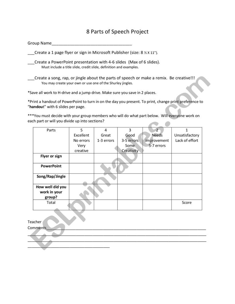 8 Parts of Speech Project worksheet