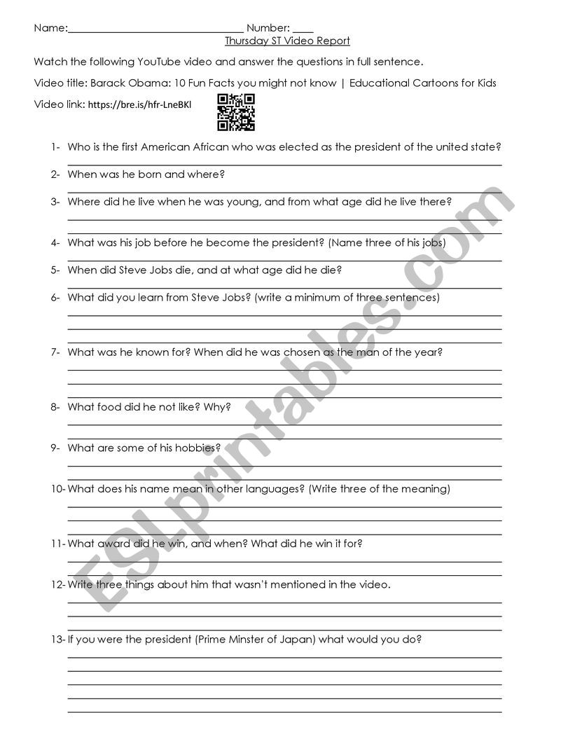 Braka Obama Biography  worksheet