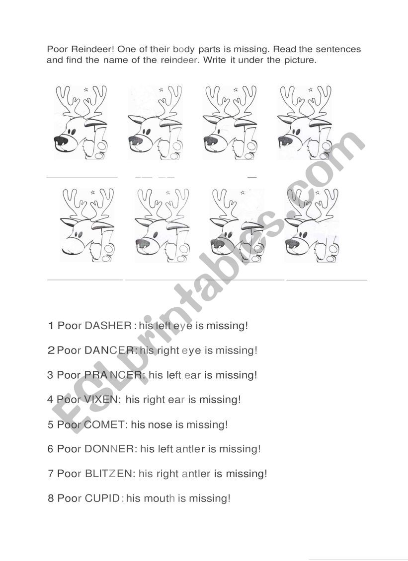 Name of the reindeers worksheet