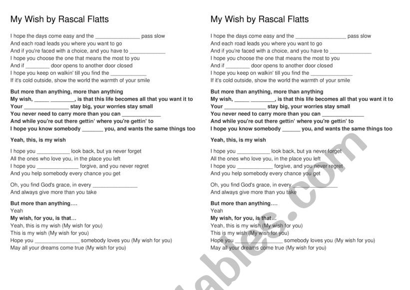 Song My Wish By Rascal Flattscomplete The Lyrics Esl Worksheet By