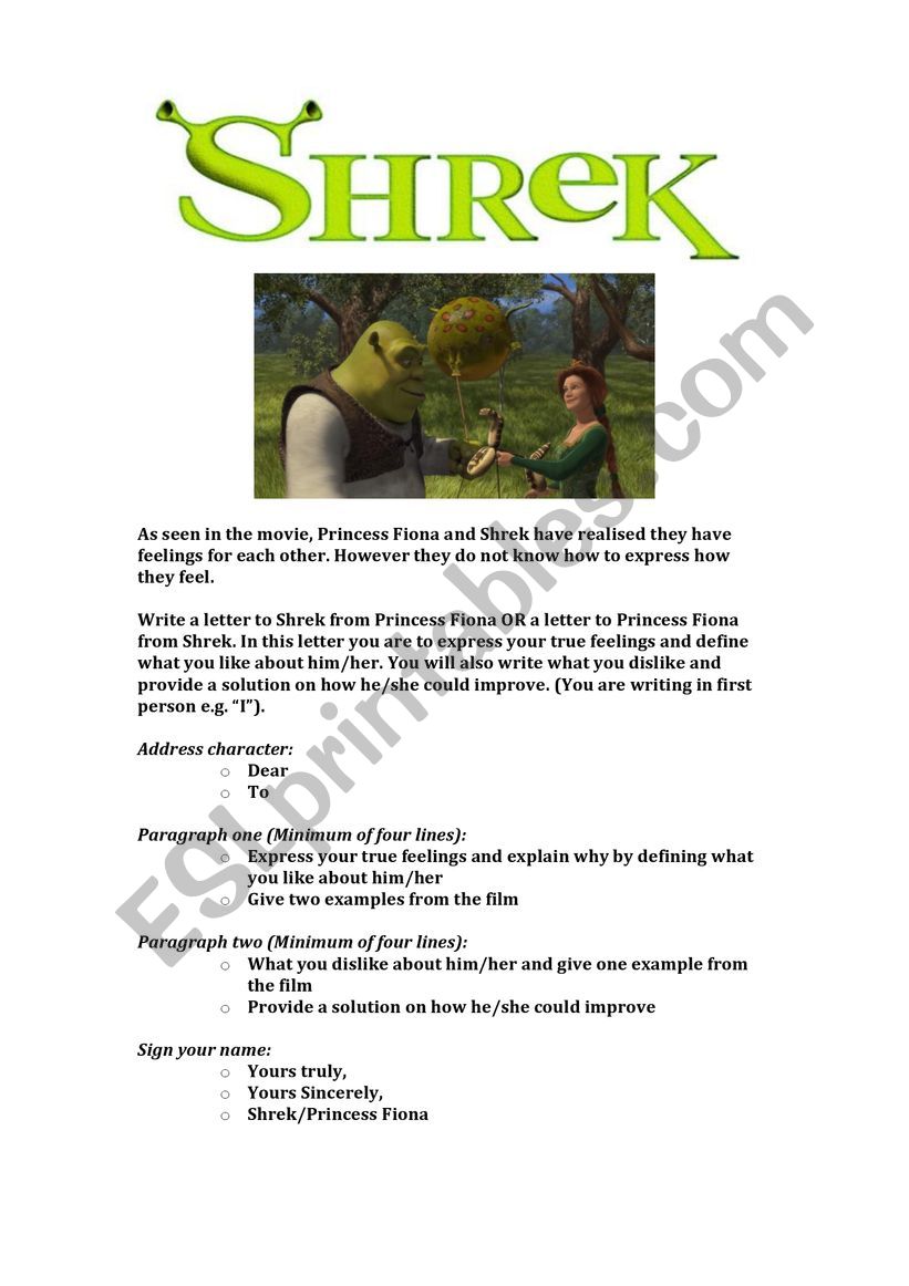 Shrek Character Letter worksheet