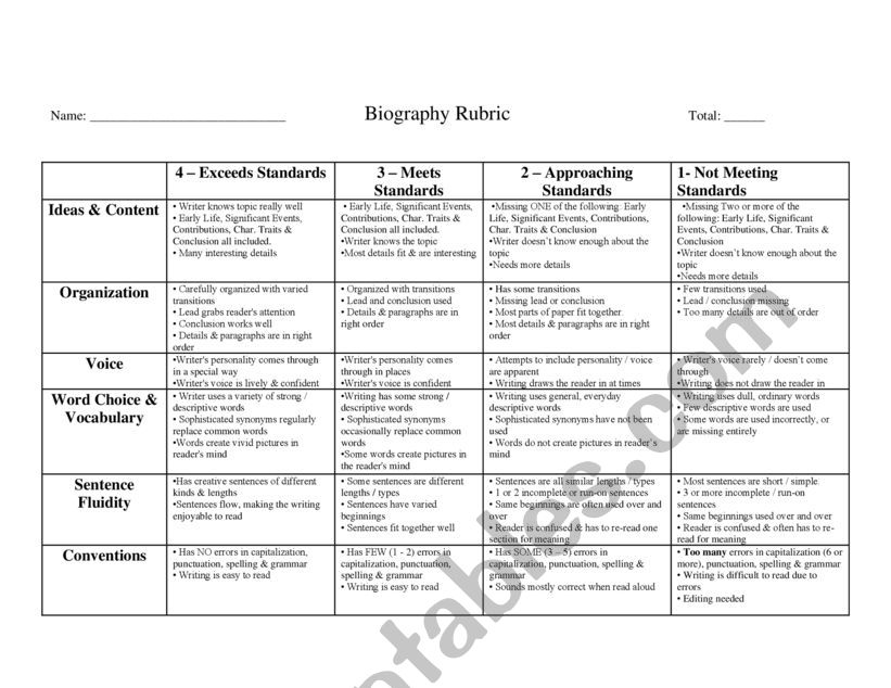Biography Rubric worksheet