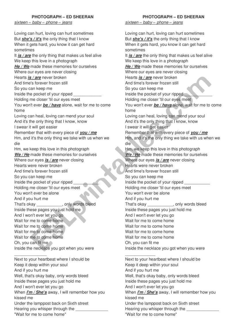 Song Photograph by Ed Sheeran - ESL worksheet by salomegonzalez