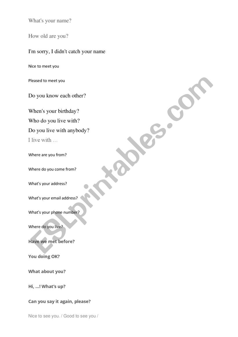 Greating Questions worksheet