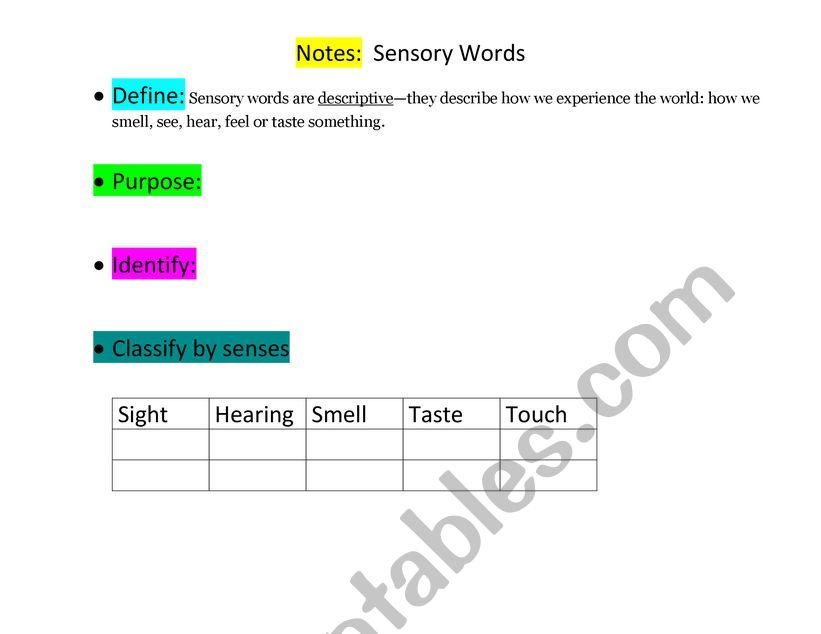 Sensory Words Note Taker worksheet