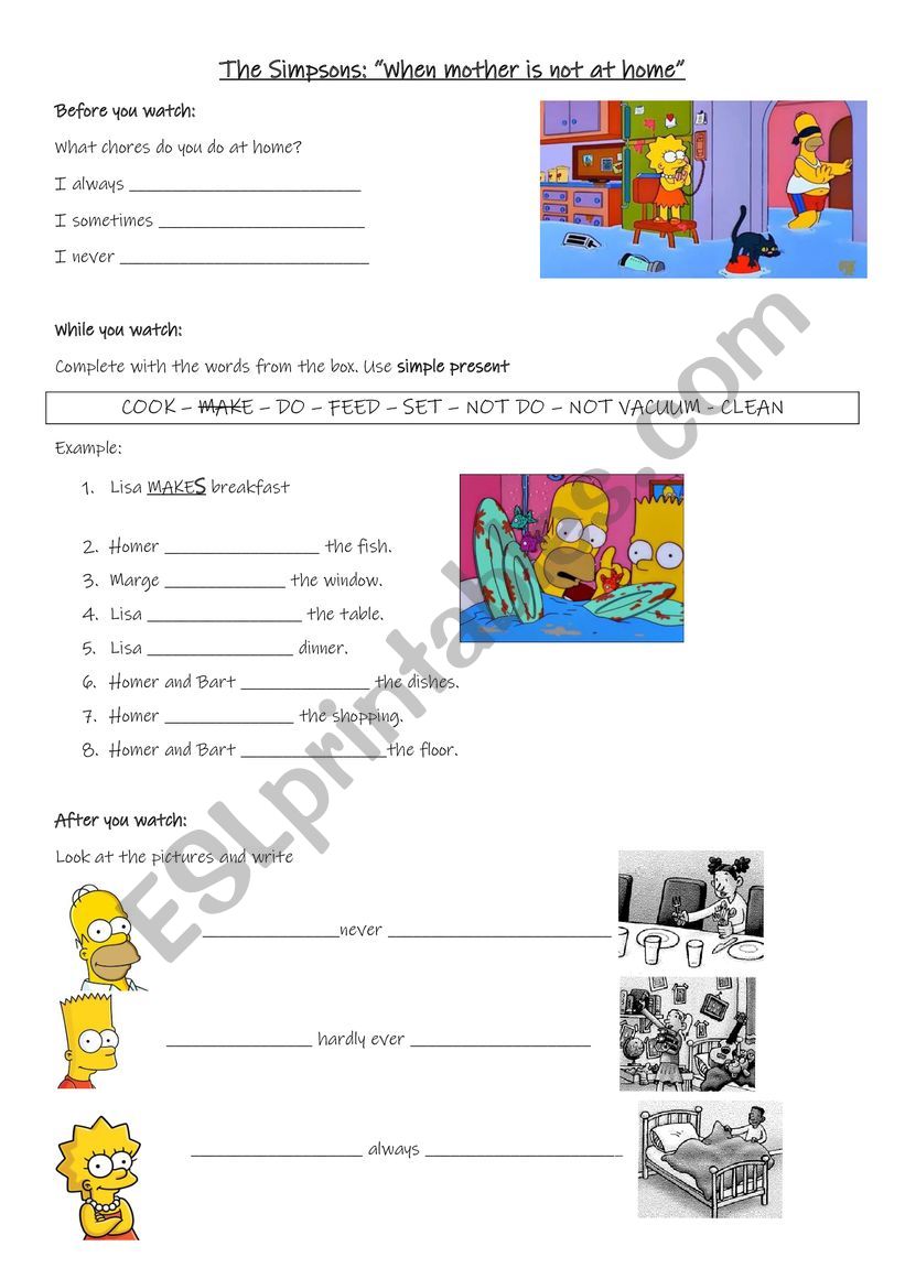 Simpsons chores worksheet