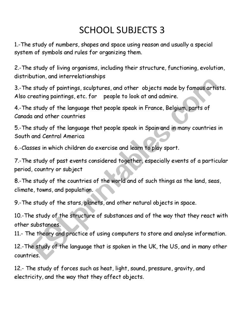 SCHOOL SUBJECTS 3 worksheet