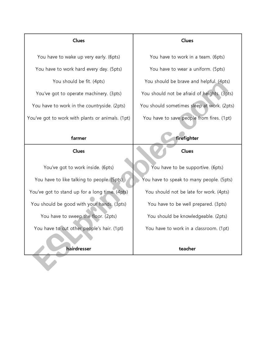 Job Game  worksheet