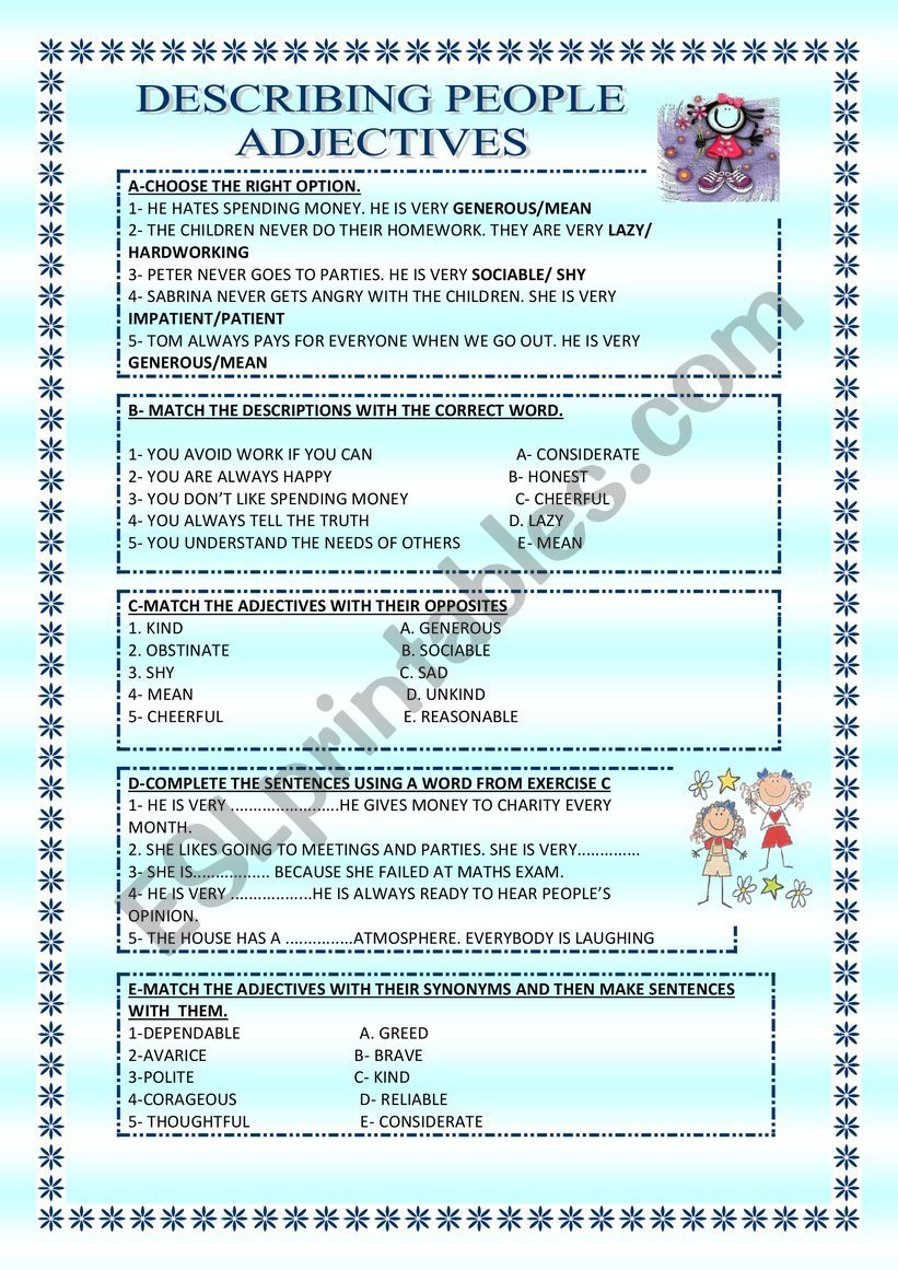 adjectives about people worksheet