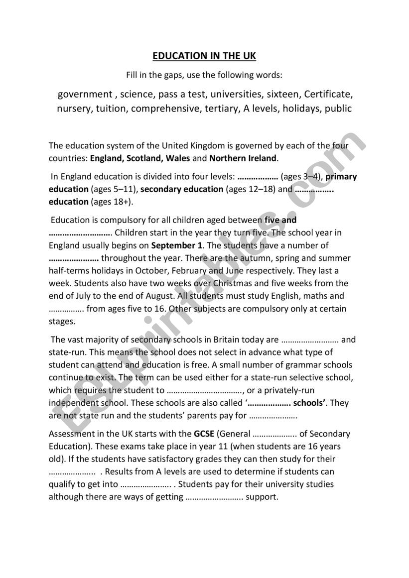 Education in the UK worksheet