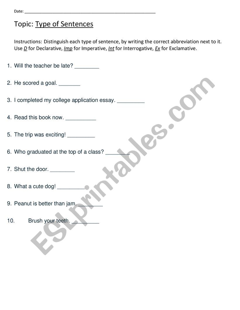 Type of sentences worksheet