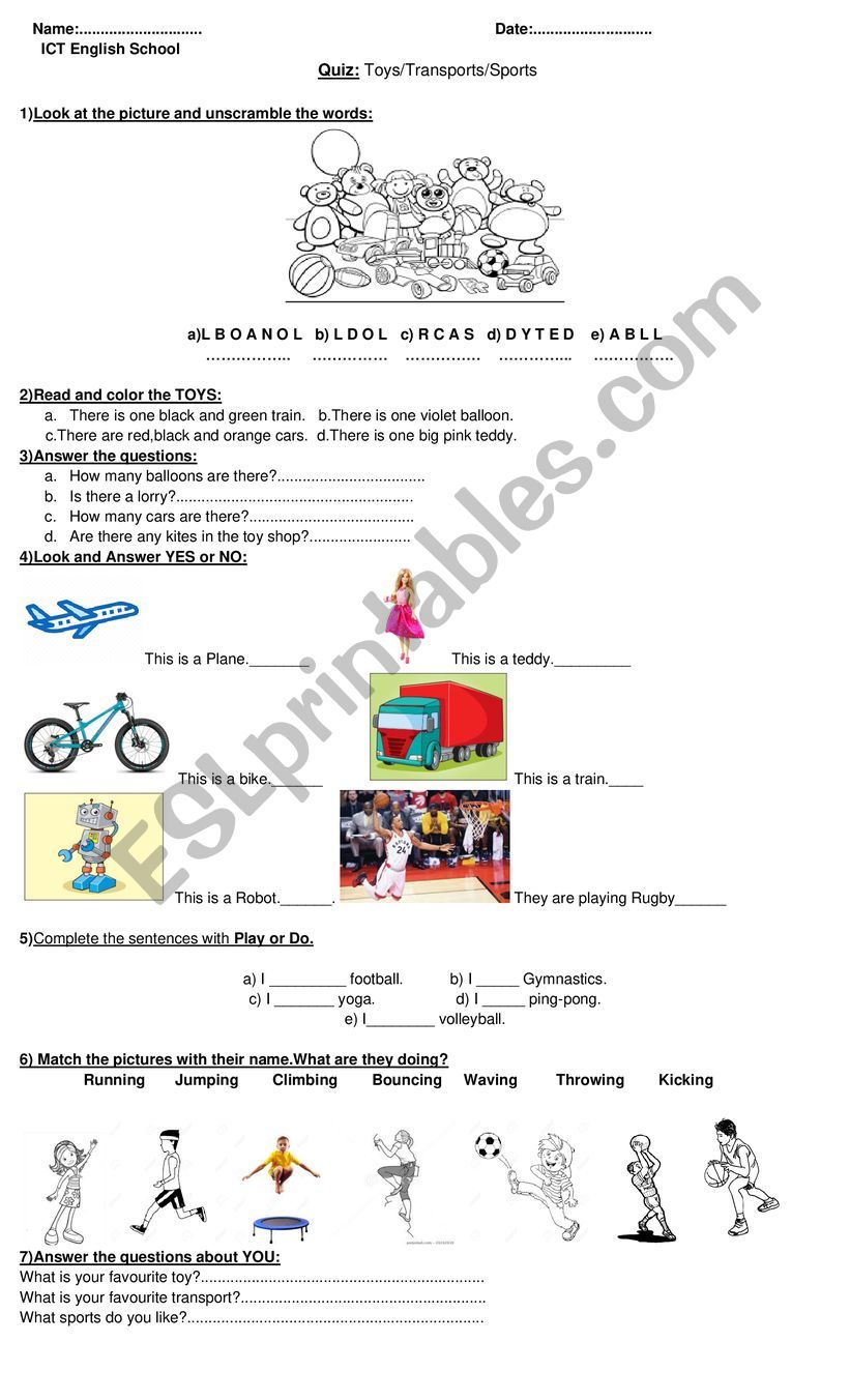 Exam sports/toys/transport worksheet