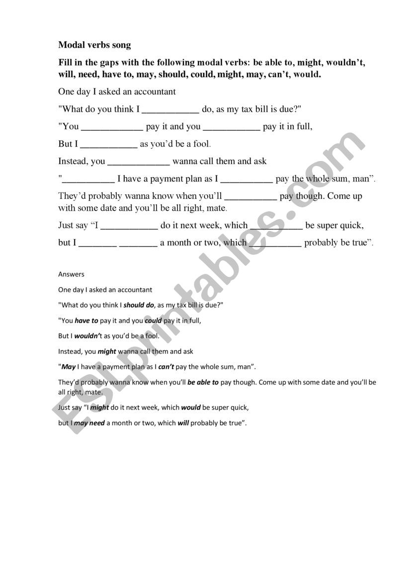 Modal Verbs worksheet