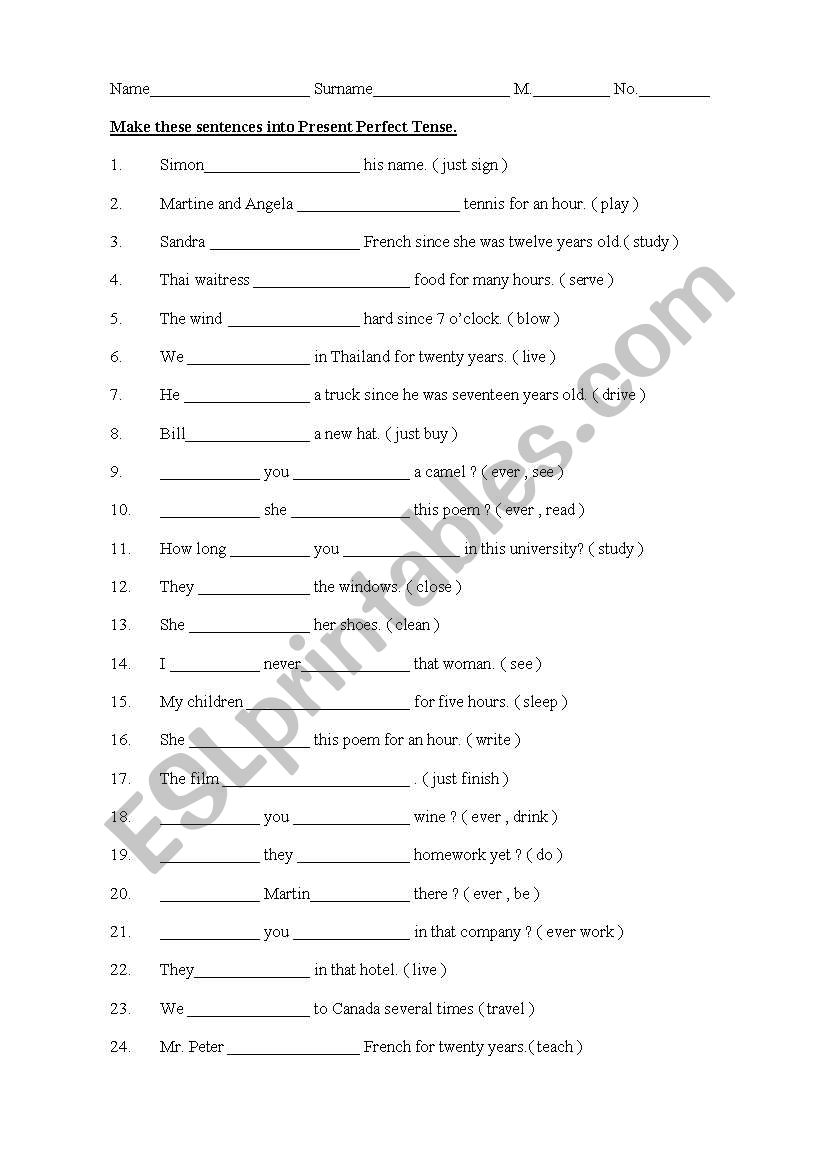 Present Perfect  worksheet