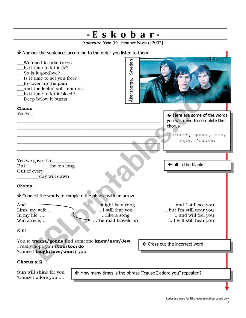 Lyrics / Song Worksheet on Eskobar 