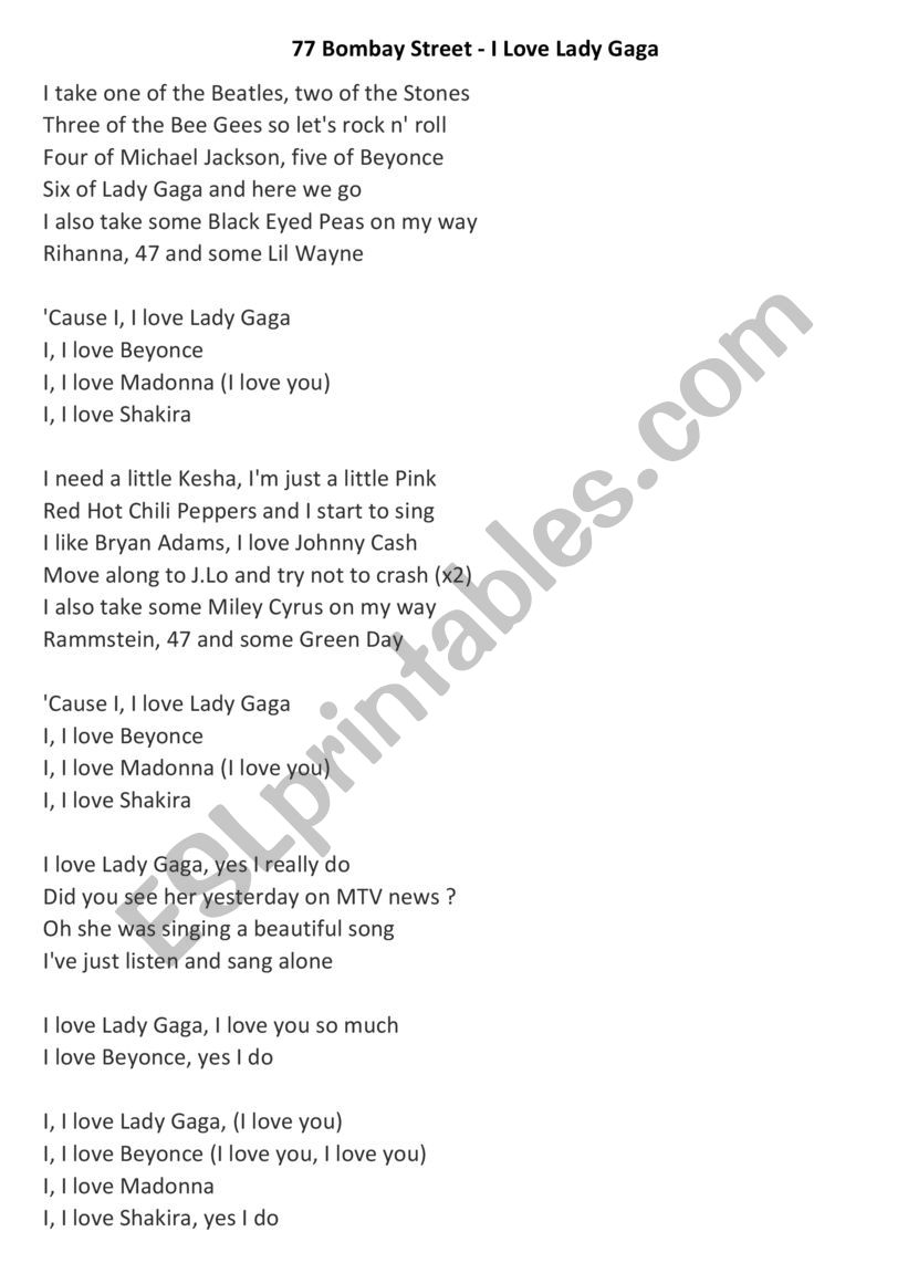 I love Lady Gaga - listening worksheet