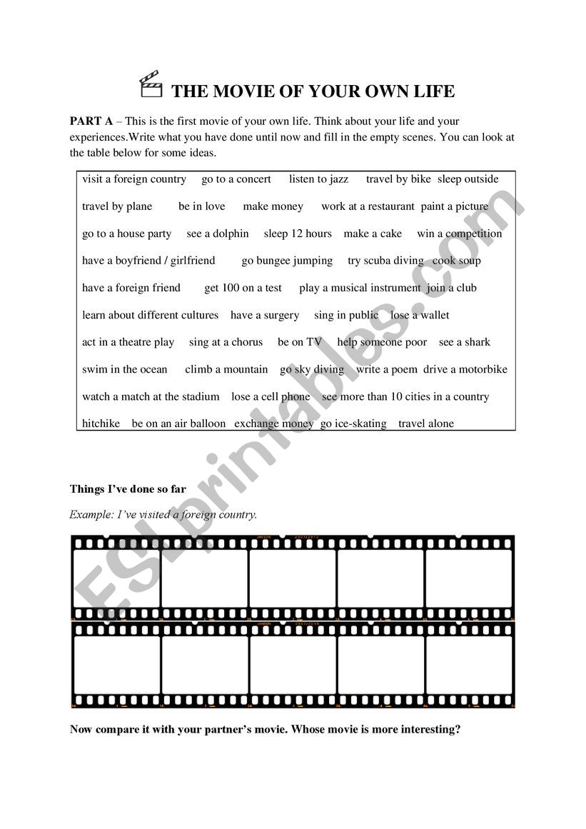 The Movie of your Own Life worksheet