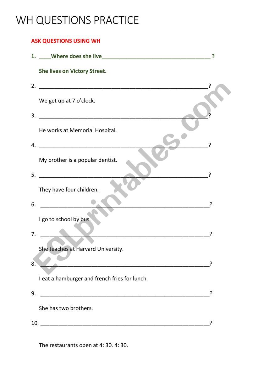 WH QUESTIONS PRACTICE 3 worksheet