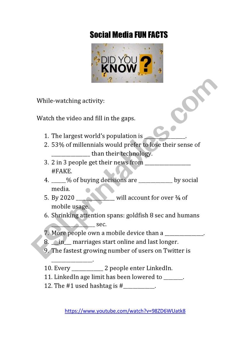 Social Media Fun Facts worksheet