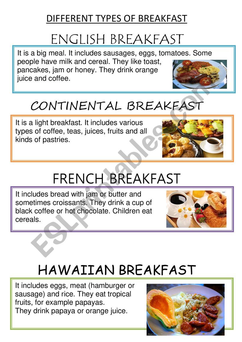 Dyferents types of breakfast worksheet