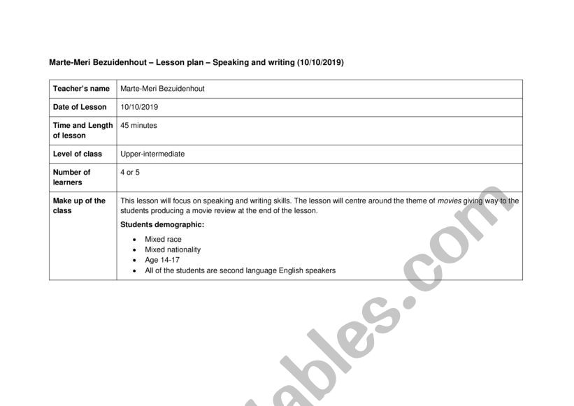 Lesson plan  Speaking and writing 