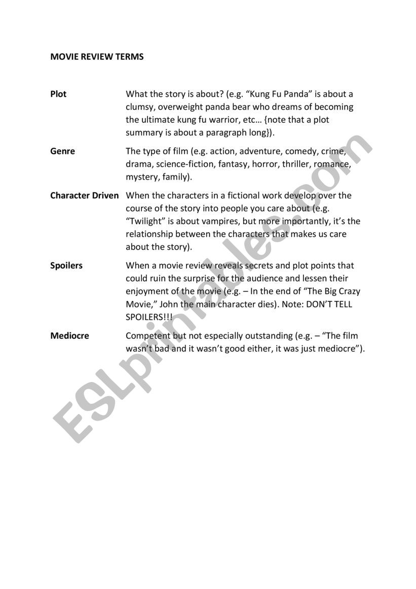 Movie Review Terms worksheet