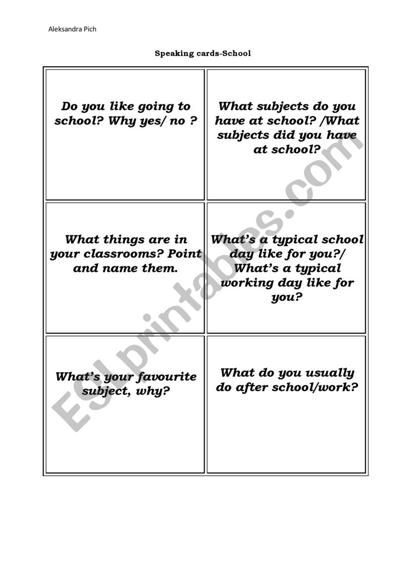 school speaking cards worksheet