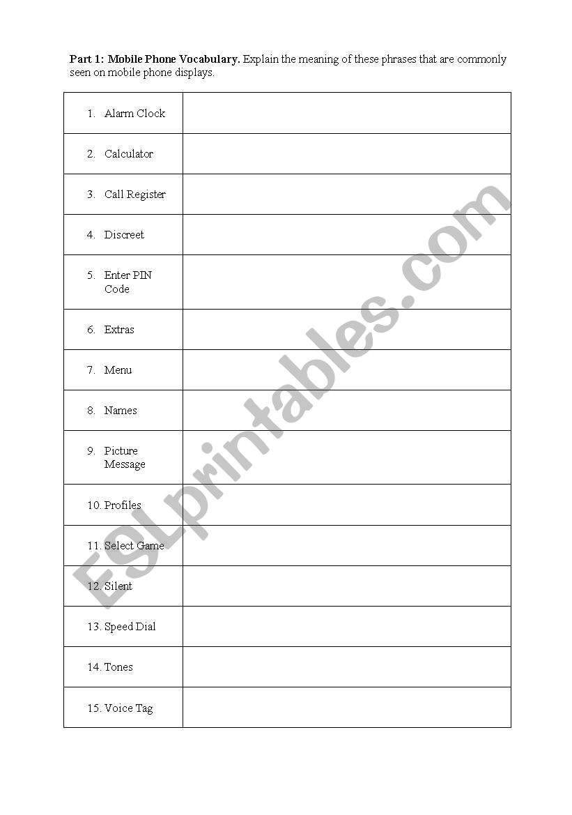 Mobile Phone Vocabulary worksheet