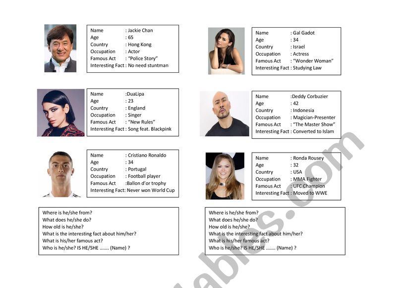 Celebrity Flashcards worksheet