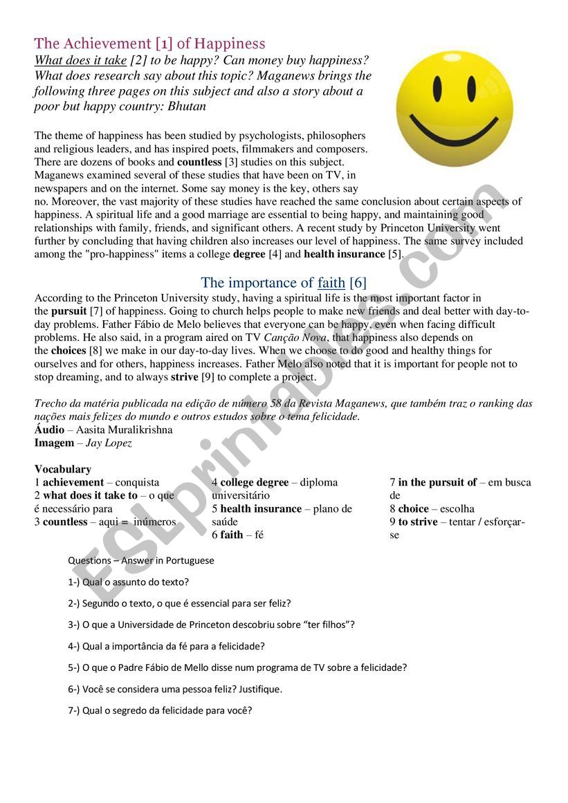 The achievement of happiness worksheet
