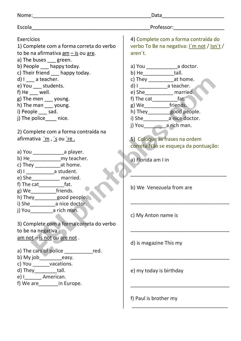 Verb to be worksheet