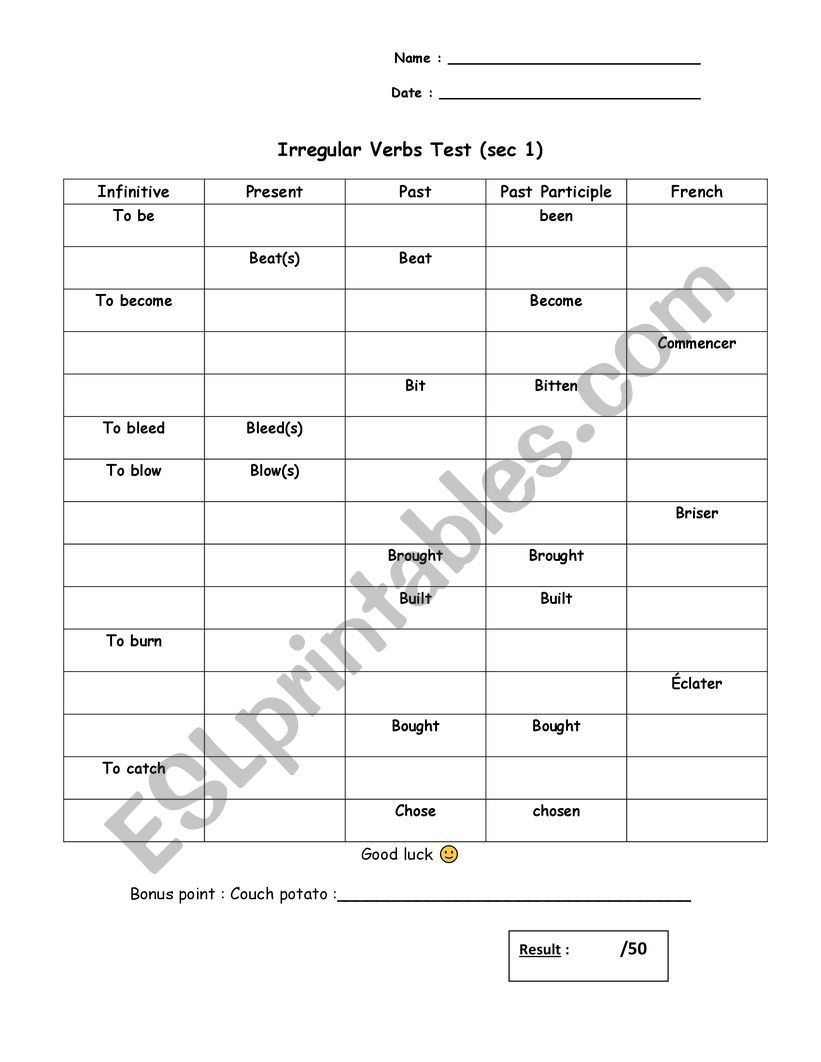 Irregular verbs test 1-15 worksheet