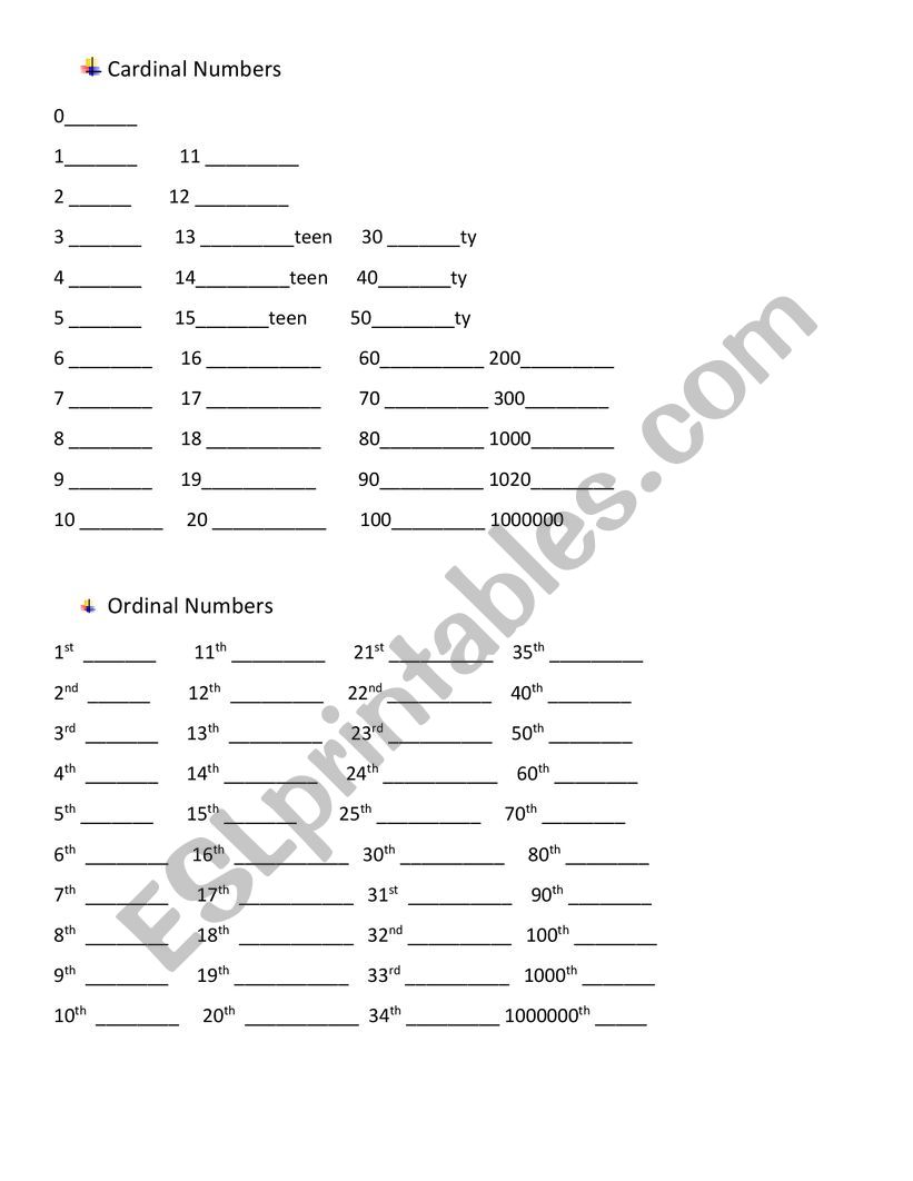 cardinal and ordinal numbers - ESL worksheet by vicky711