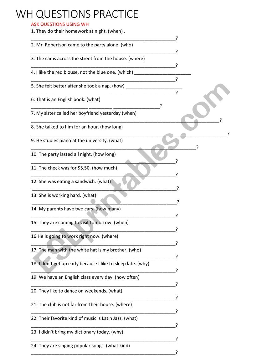 WH QUESTIONS PRACTICE 4 worksheet
