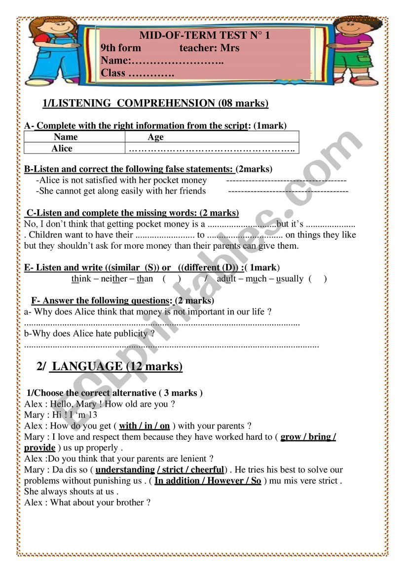 mid term test n 1 worksheet